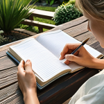 ** A person journaling outdoors in a serene garden setting, reflecting on their core values of freedom and creativity. Focus on calm colors and a peaceful atmosphere.

**