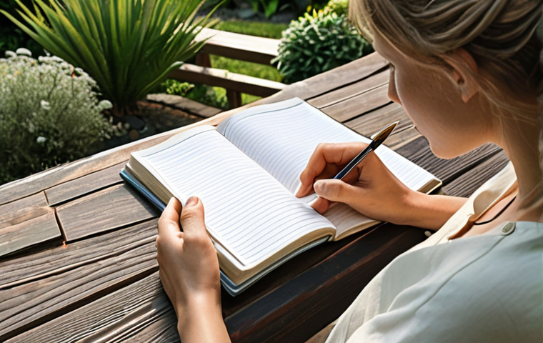 ** A person journaling outdoors in a serene garden setting, reflecting on their core values of freedom and creativity. Focus on calm colors and a peaceful atmosphere.
**