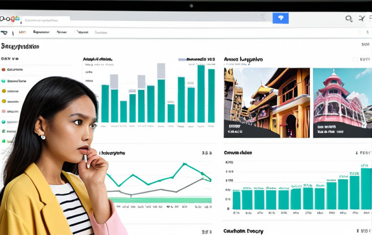 **
Prompt: Google Analytics dashboard displaying demographic data of website visitors, including age, gender, and location (Kuala Lumpur highlighted), overlaid with icons representing fashion trends. Focus on a young Malaysian woman looking at the data, thoughtfully considering how to tailor content for her audience. Pastel color palette, clean design.
**