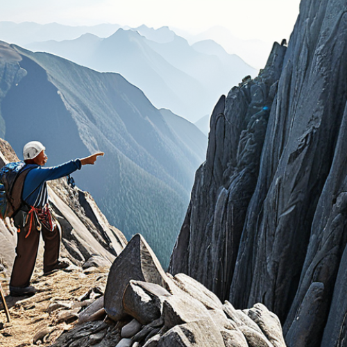 Home 7 **A person climbing a mountain with a mentor figure pointing the way, symbolizing guidance and overcoming challenges. The scene should evoke a sense of adventure and support.**