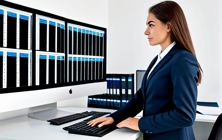 Modern Office File Management**
"A professional businesswoman, fully clothed in a modest blazer and skirt, organizing digital files on a large computer screen in a bright, modern office. The screen displays well-organized folders and file names. Background features shelves with neatly arranged documents. Safe for work, appropriate content, professional attire, perfect anatomy, correct proportions, natural pose, high quality, professional photography."
**