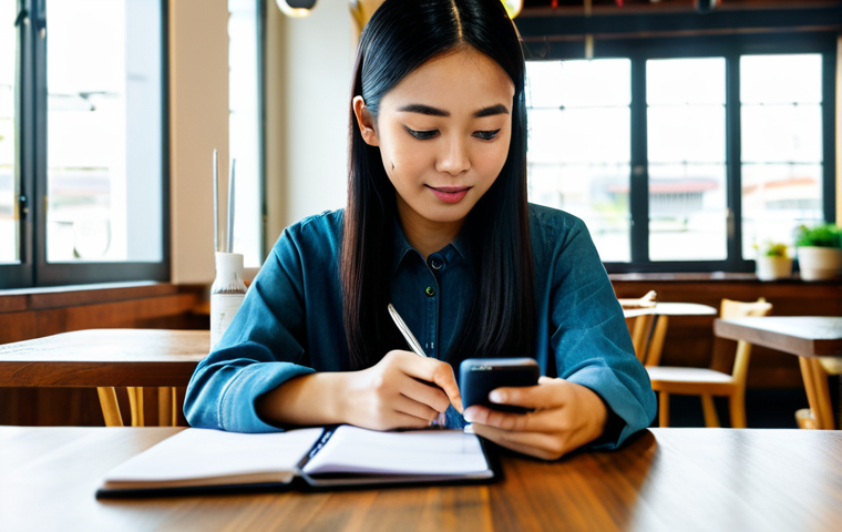 Budgeting & Tracking Expenses**
"A young Malaysian woman, fully clothed in modest casual wear, sitting at a table in a brightly lit cafe, focused on a budgeting app on her smartphone, with a notebook and pen beside her. The scene depicts financial awareness and planning, safe for work, appropriate content, perfect anatomy, natural proportions, professional, family-friendly."
**