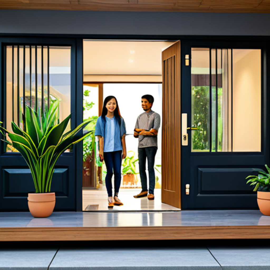 Modern Home with Smart Lock**

"A modern Malaysian home entrance featuring a smart lock on a wooden door, fully clothed family members entering, well-lit porch, potted plants, safe for work, appropriate content, family-friendly, perfect anatomy, natural pose, professional home photography, high quality."

**
