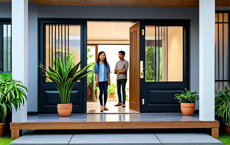 Modern Home with Smart Lock**
"A modern Malaysian home entrance featuring a smart lock on a wooden door, fully clothed family members entering, well-lit porch, potted plants, safe for work, appropriate content, family-friendly, perfect anatomy, natural pose, professional home photography, high quality."
**