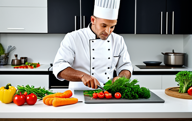취미로 할 수 있는 활동 추천 - Culinary Arts**
"A professional chef in a clean, modern kitchen, fully clothed in chef's whites, pr...