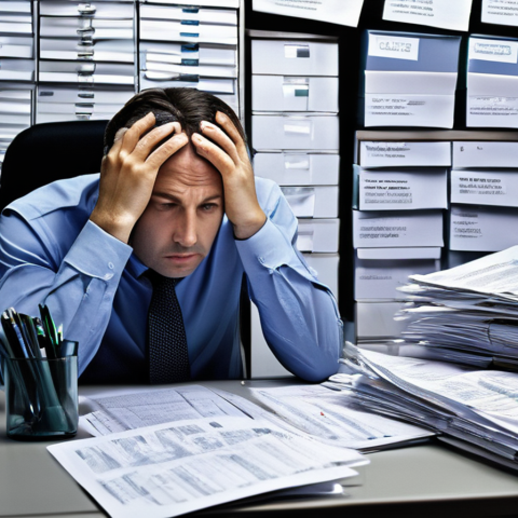 엑셀에서 데이터 정리하는 법 - **Image Prompt 1: The Weight of Disarrayed Data**
A lone office worker, appearing visibly overwh...