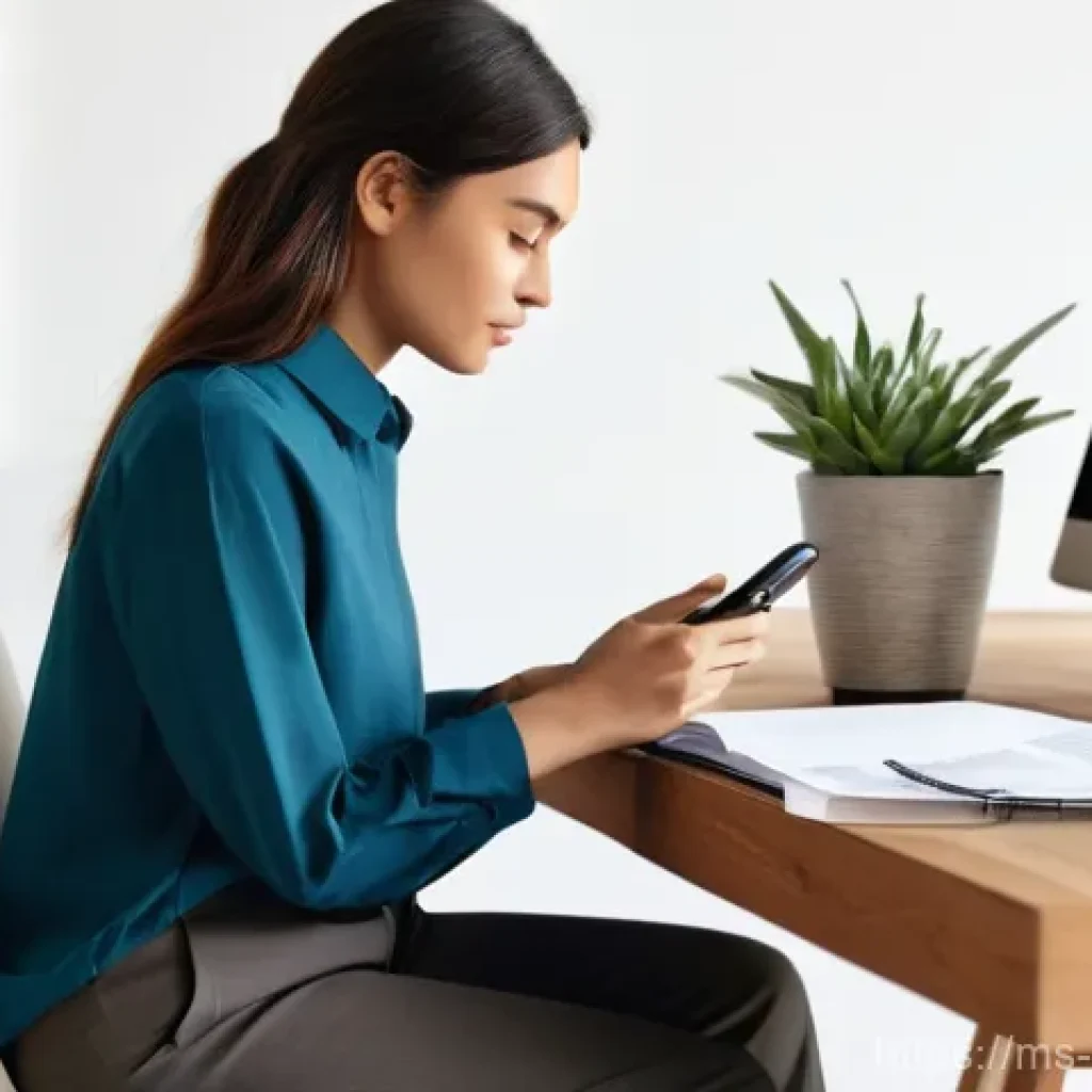 스마트폰 화면 분할 활용법 - **Prompt:** A focused young woman, aged late 20s, sits comfortably at a modern wooden desk in a well...