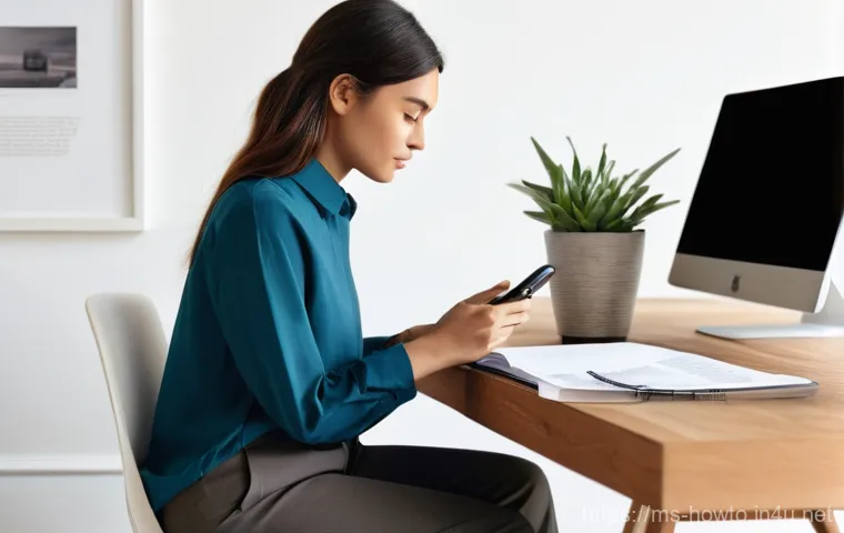 스마트폰 화면 분할 활용법 - **Prompt:** A focused young woman, aged late 20s, sits comfortably at a modern wooden desk in a well...