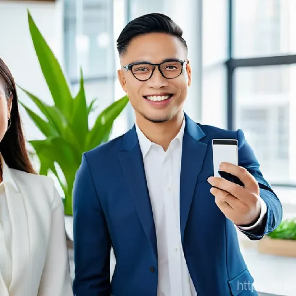 온라인 명함 활용법 - **Prompt:** "A diverse group of modern, professional individuals (Malaysian ethnicity preferred, but...