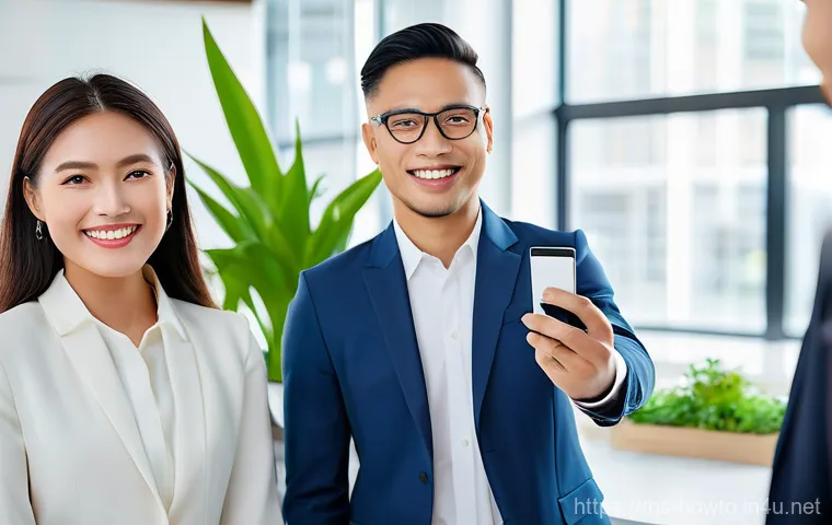 온라인 명함 활용법 - **Prompt:** "A diverse group of modern, professional individuals (Malaysian ethnicity preferred, but...