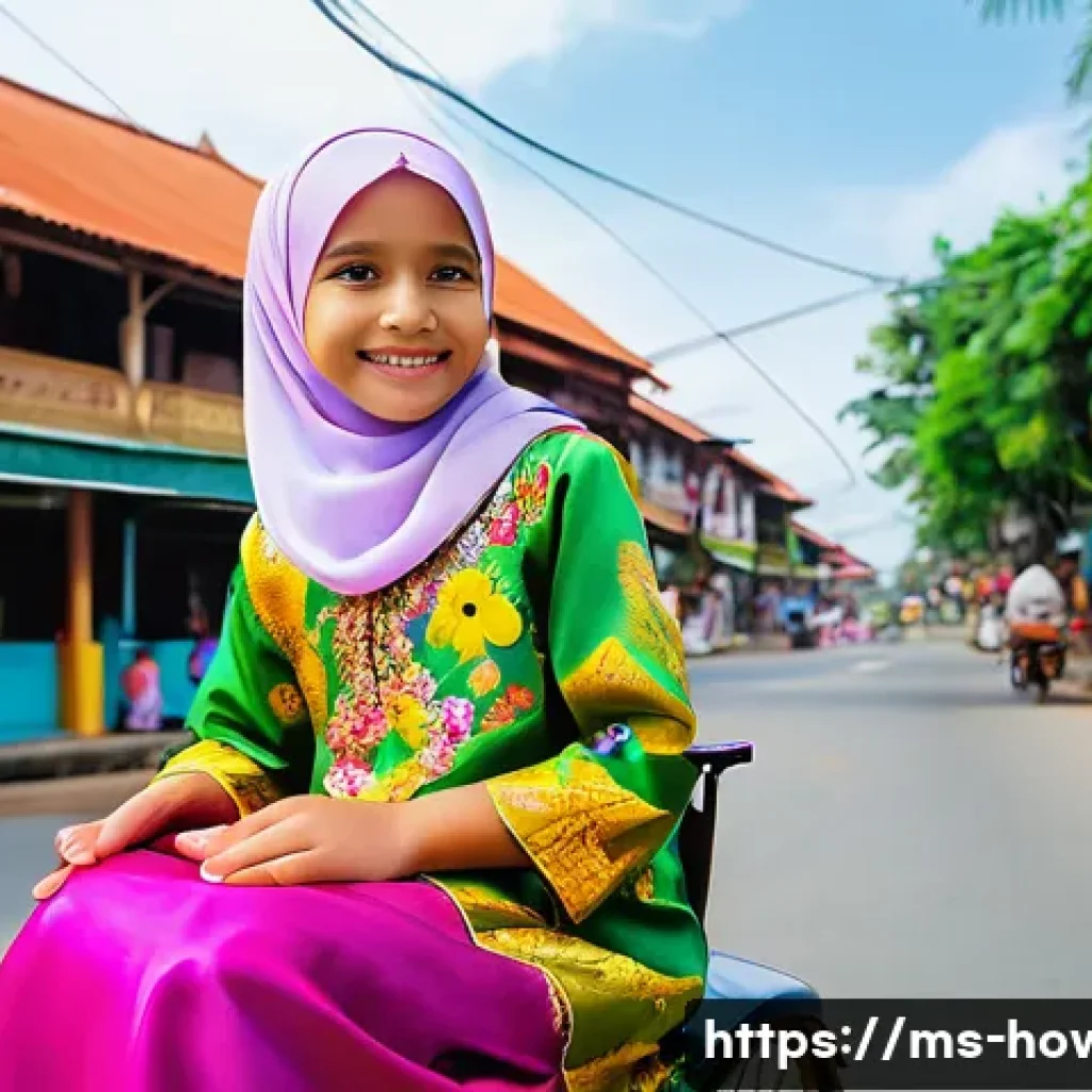Tasker 활용법 - **A young girl, around 7 years old, wearing a colourful baju kurung and a hijab, sitting on a decora...