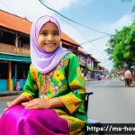 Tasker 활용법 - **A young girl, around 7 years old, wearing a colourful baju kurung and a hijab, sitting on a decora...