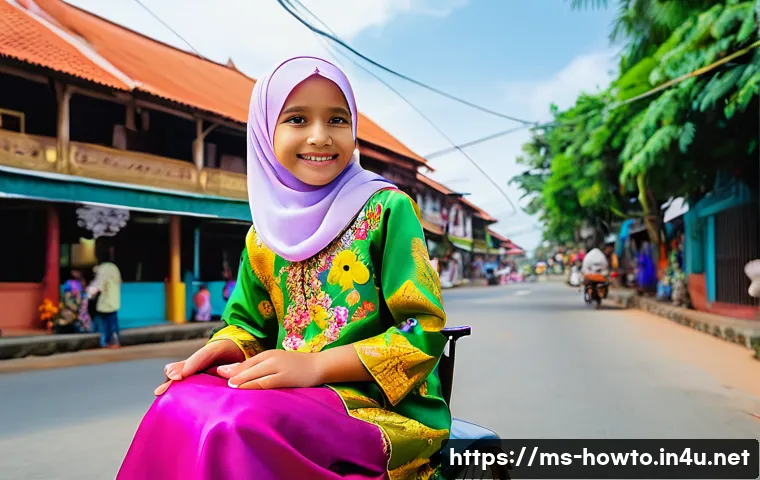 Tasker 활용법 - **A young girl, around 7 years old, wearing a colourful baju kurung and a hijab, sitting on a decora...